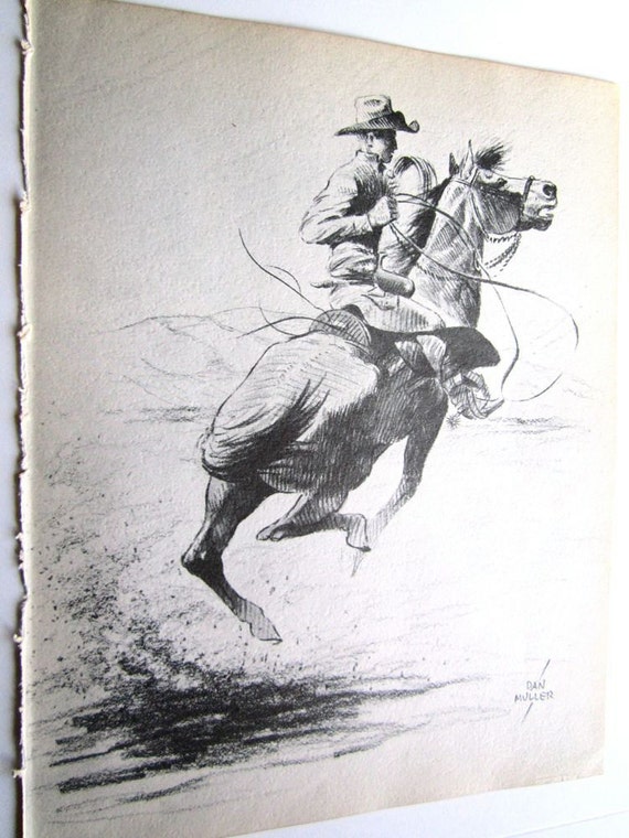 Items similar to Cowboy Drawing, Horse Sketch, Vintage Horses, Cowboy ...