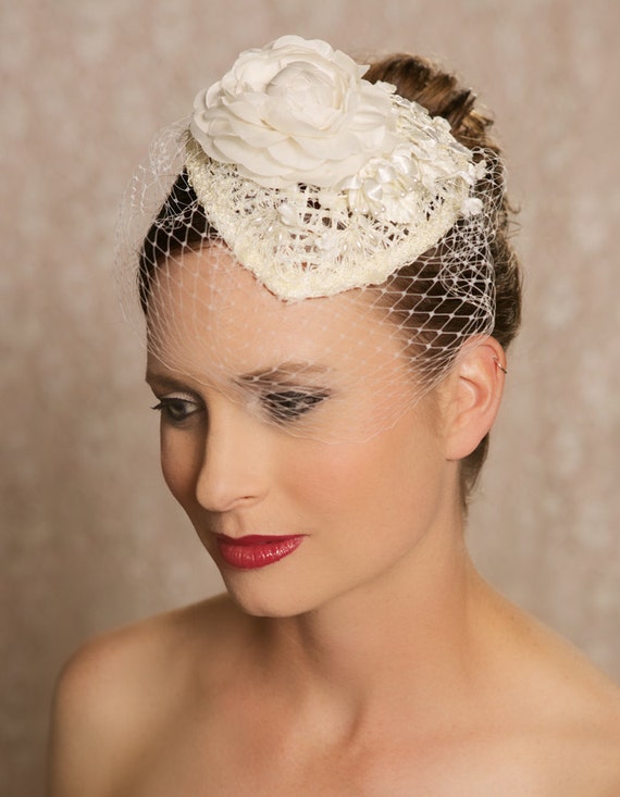 Ivory Lace Bridal Hat Birdcage Veil Hat Wedding Fascinator 8044