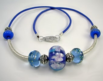 Artisan Lampwork, Sterling and Leather Necklace,Lavender, Periwinkle, Caribbean Blue,beach, vacation,cruise wear, Moms Day Gift, gift 4 her