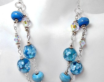 2 Strand Artisan Aqua Blue Lampwork, Crystal & Silver Necklace