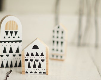 SET of 3 - Hand painted wooden village, miniature village, hand painted house, wood block toy house, little wooden house, decorative house