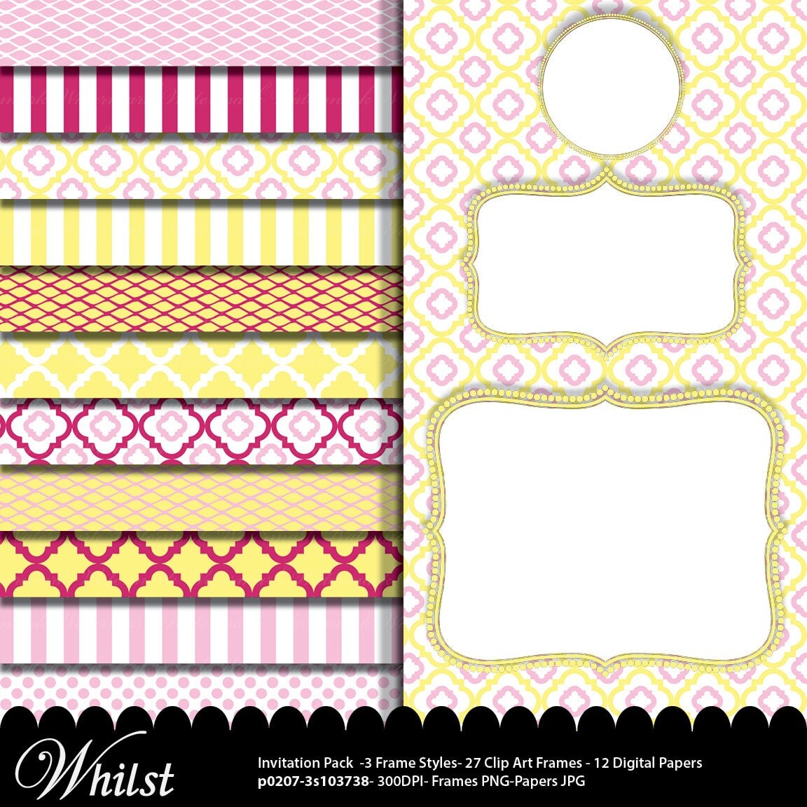 Pink digital paper frame clip art in pink yellow fuschia