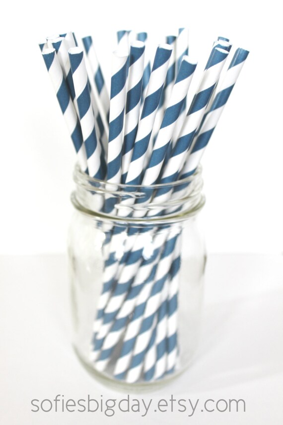 NAVY BLUE Stripe Straws-25 Blue Stripe Straws-retro stripe straws-paper straws-navy blue paper straws-25 count Il_570xn
