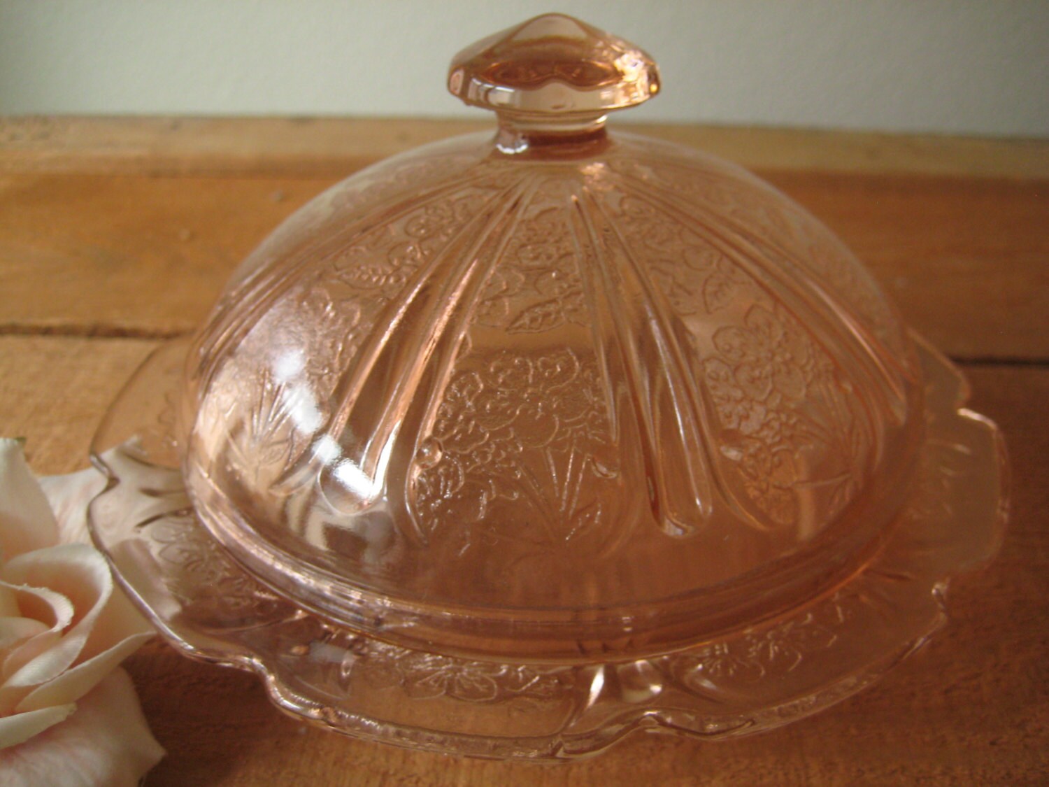 Pink Depression Glass Butter Dish / Cherry Blossom by MyAtticFinds