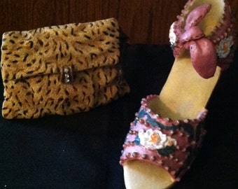 Miniature Mauve High Heel Shoe Ceramic and Leopard Purse Ceramic