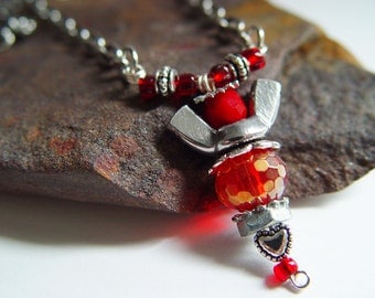Silver and Ruby Red Iridescent Beaded Wingnut Angel Necklace