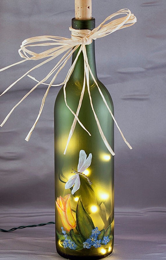 bottle decoupage for on beginners Bottle Wine and Tulip Lighted Painted Dragonfly Hand