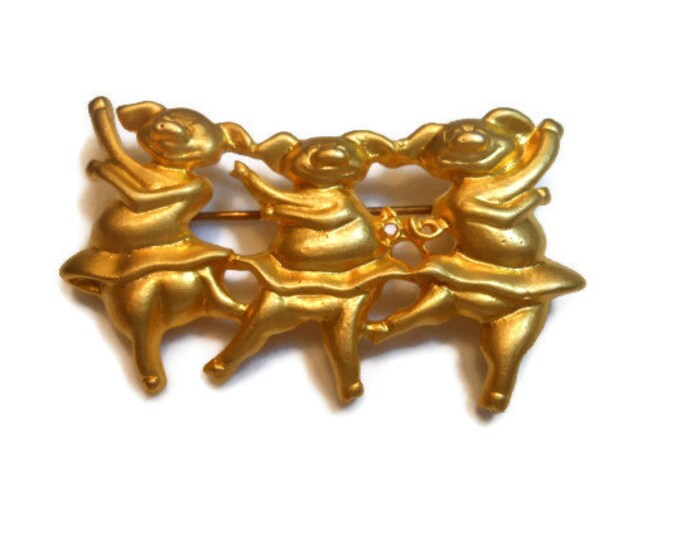 FREE SHIPPING Dancing pigs brooch pin, burnished gold dancing pigs in tutus, three pigs doing ballet