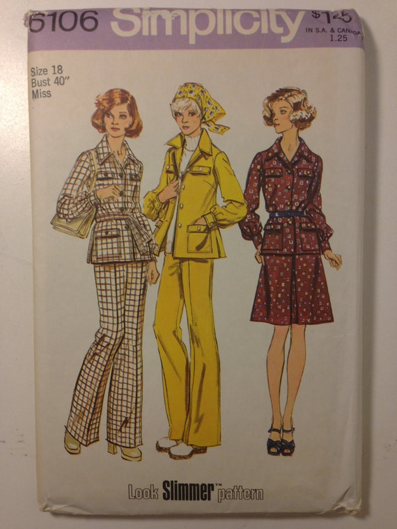 Simplicity 70s Sewing Pattern 6106 Misses and Womens Shirt-Jacket, Skirt and Pants Size 12 or 18 Sale