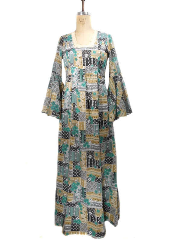 1970s Patchwork Maxi Dress / Bell Sleeves by SemiPreciousGarnetts