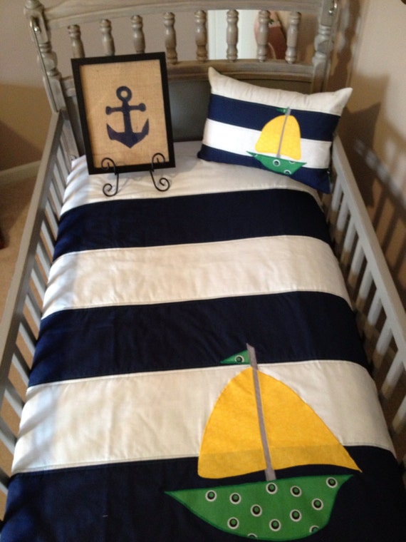Two Piece Nautical Boy Nursery Bedding w/ Sailboat Applique in