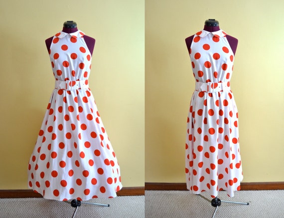 1970s Vintage Ambria Large Polka Dot Red and White Dress size S M bust 32