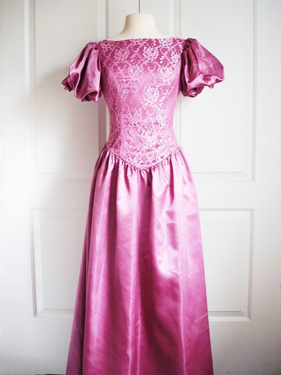 Vintage 80s dress/ satin ball gown/ purple mauve/ evening