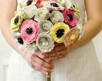 Poppy and Rose Paper Flower Bridal Bouquet - Jane Austen Book Page Flowers - Eco Friendly Recycled Wedding Flowers for Book Lovers