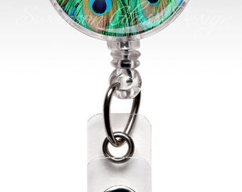 Retractable ID Badge Holder, Peacock Feathers Name Badge Holder, Unique Retractable ID Badge Holder, Name Badge Clips 225
