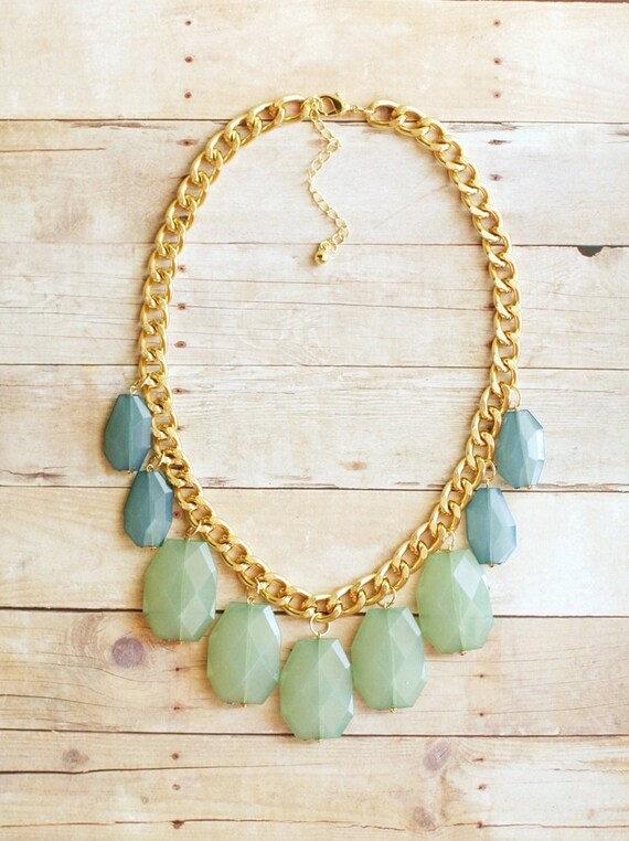 Aqua Mint and Teal Blue Statement Necklace on Chunky Gold