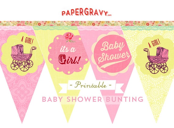 Printable baby girl shower BUNTING Vintage style pennants