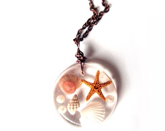 Beach Necklace - Real shells and starfish in Resin - Nautical Pendant - Ocean Life Necklace - Beach Pendant - Wire Wrapped Pendant