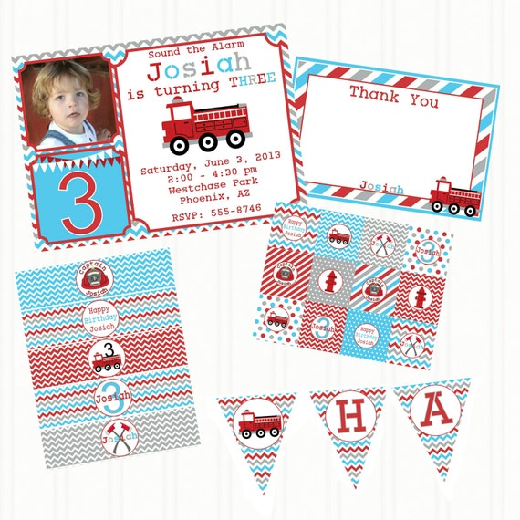 FIRE TRUCK- Printable Party PACKAGE- Birthday - Personalized- Invitation Thank Yous Cupcake Toppers Bottle Wraps Banner