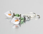 Calla Lily Earrings - White Artisan Lampwork Glass Peridot Crystal and Sterling Silver Earrings- Flower Earrings