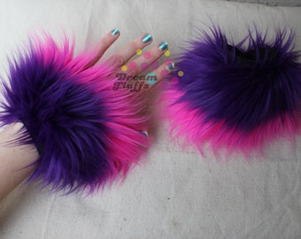 Cheshire Cat Pink and Purple Striped Furry Wrist Cuffs Alice in Wonderland Cosplay Rave Burning Man Festival Wear