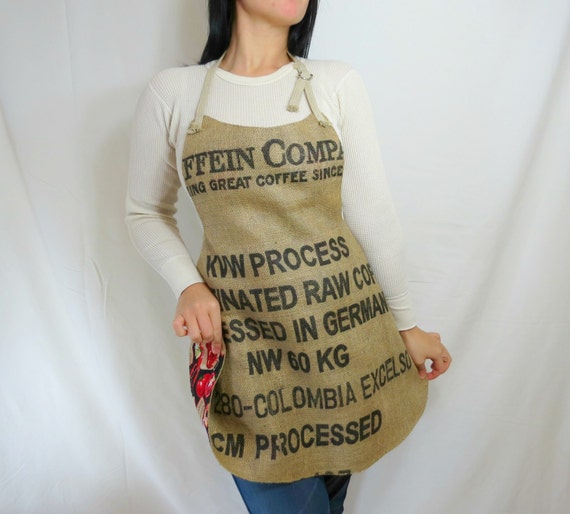Burlap Apron Black Germany Coffee Print Upcycled Repurposed