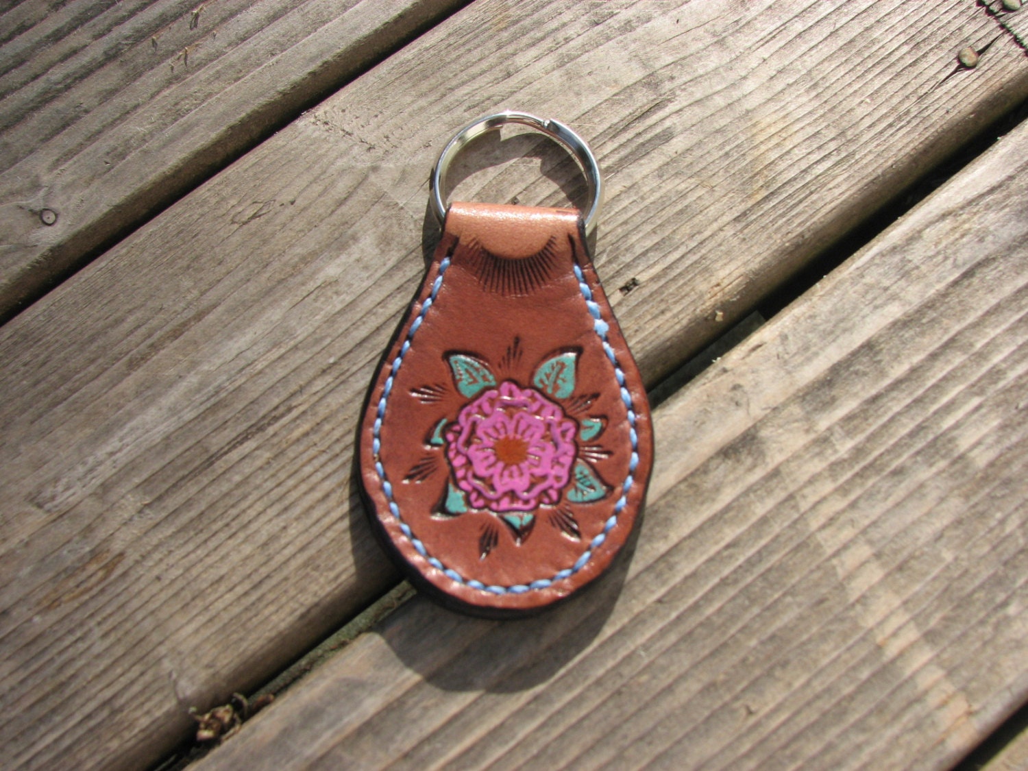 hand tooled and stamped leather keychain key by SnakebiteLeather