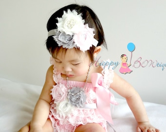 Trio Grey Ivory Pink headband, Baby girl headband, MTM Baby Girl's Pink Lace Romper,newborn headband, Baby Petti Rompers, birthday headband