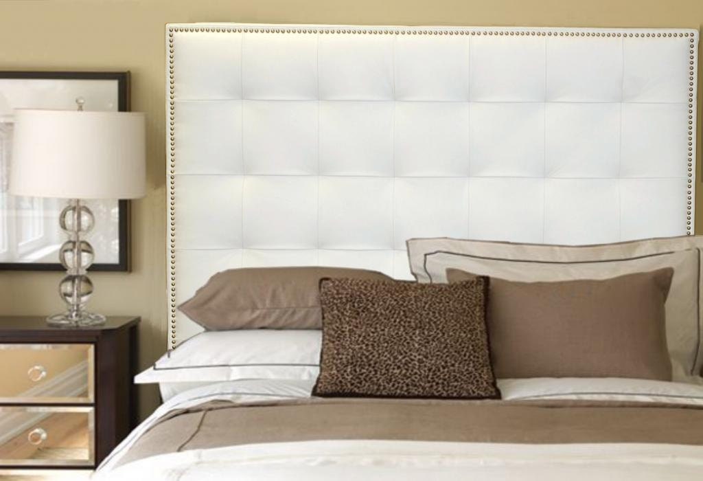 Queen Size White Genuine Leather Buttonless Tufted Headboard