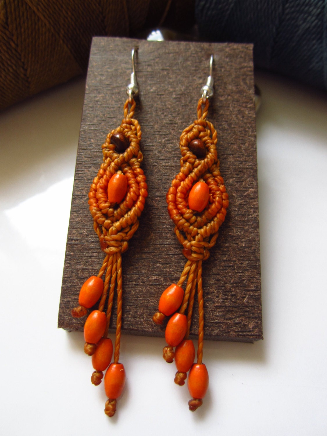 Orange Macrame Earrings with wood beads Handmade