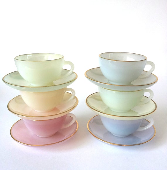 Vintage Glass Lustre Cups and Saucers by Arcopal France