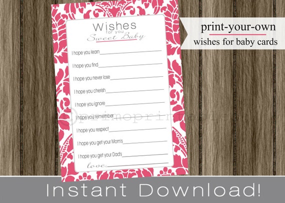 Well Wishes for Baby girl cards baby shower fuchsia pink damask INSTANT DOWNLOAD diy printable file print your own , babyshower Il_570xn