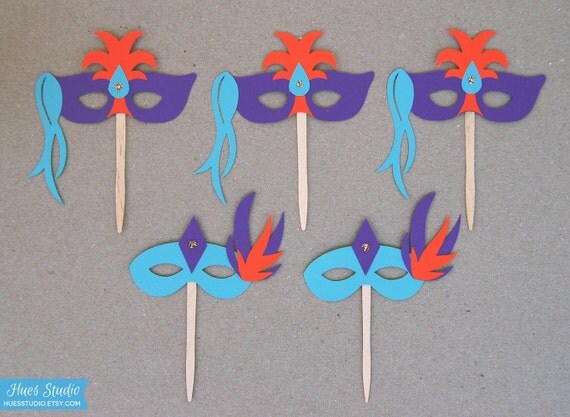Masquerade MASKS Party Treat Picks / Cupcake Toppers (Set of 12) - Pick your Colors! Il_570xn