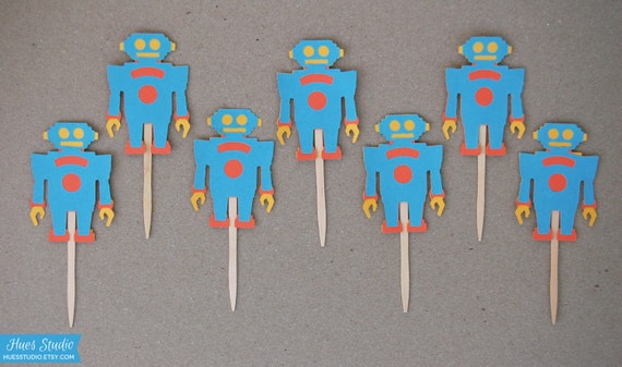 ROBOT Party Treat Picks / Cupcake Toppers - (Set of 12) Pick your colors! Il_570xn