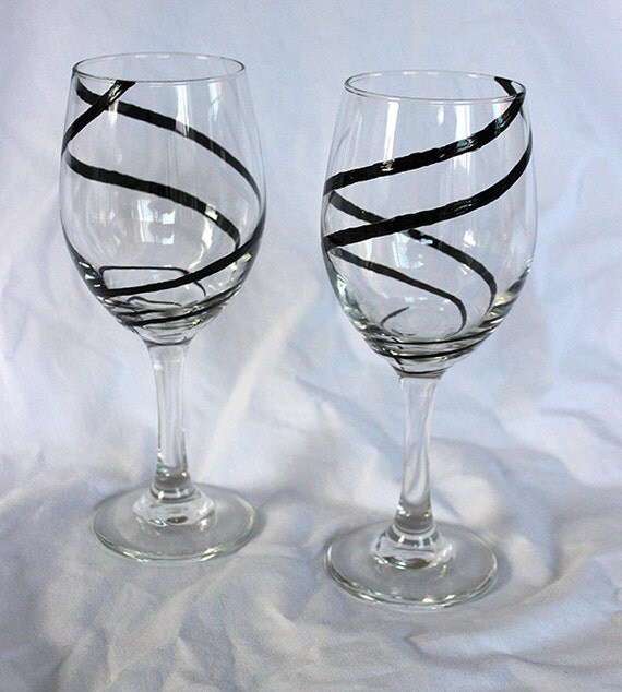Items similar to Dramatic Black Stripe Wine Glasses on Etsy