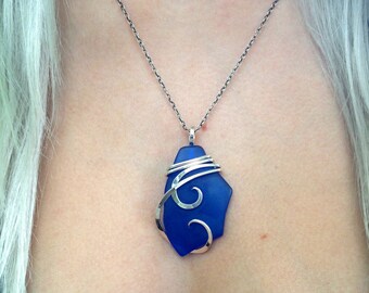 Beach glass waves in polished sterling silver pendant
