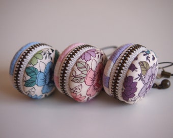 3.5cm, Macaron Coin Purse/ Macaroon/ Zipper Pouch- Flower Garden, Blue/Pink/Purple - Handmade in Japan by Chikaberry
