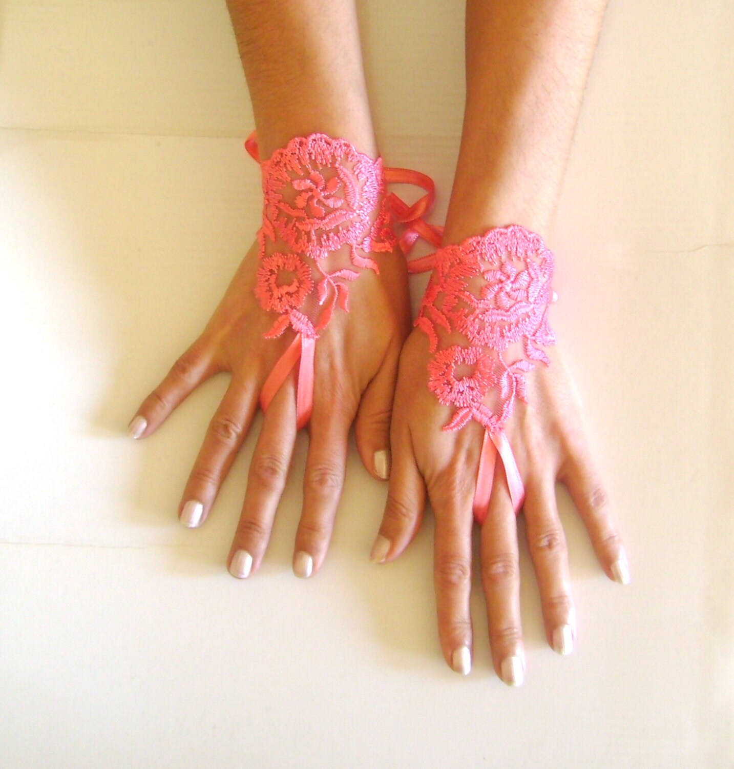 Watermelon pinkish orange fingerless lace gloves free ship
