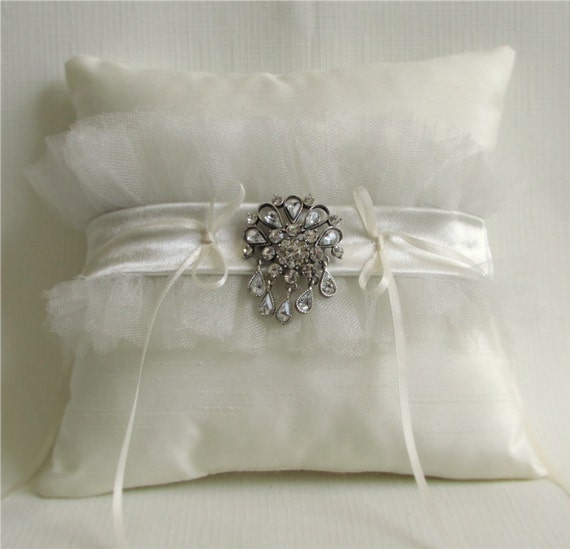 Ivory Ring Bearer Pillow with Silk, Ruffled Silver Tulle, Satin Sash ...