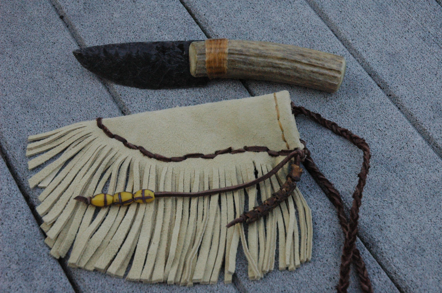 Obsidian Knife with Sheath Native American Style Antler
