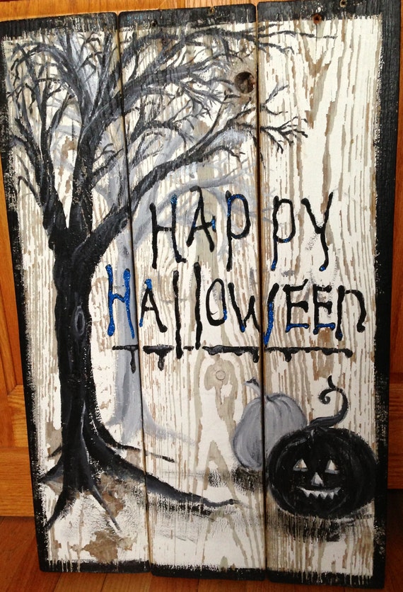 Halloween hand painted decorative sign on restored old wood