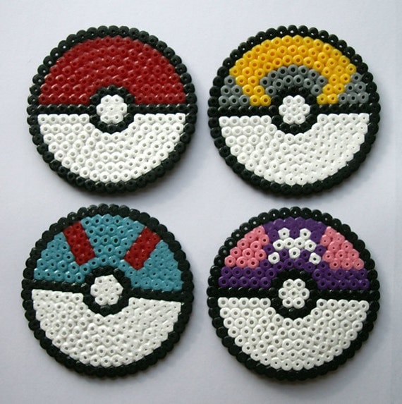 Set of four Pokéball Coasters made of Hama Beads by GeekyPixels