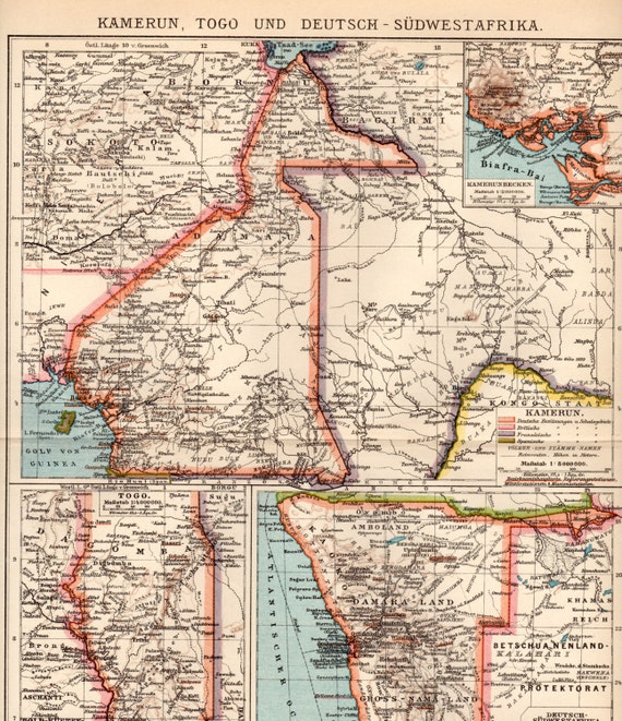 1908 Africa Antique Map Cameroon Togo and German by Craftissimo