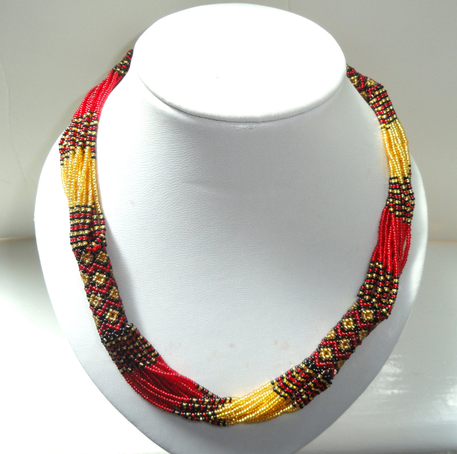 African Zulu beaded rope necklace in gold red and black