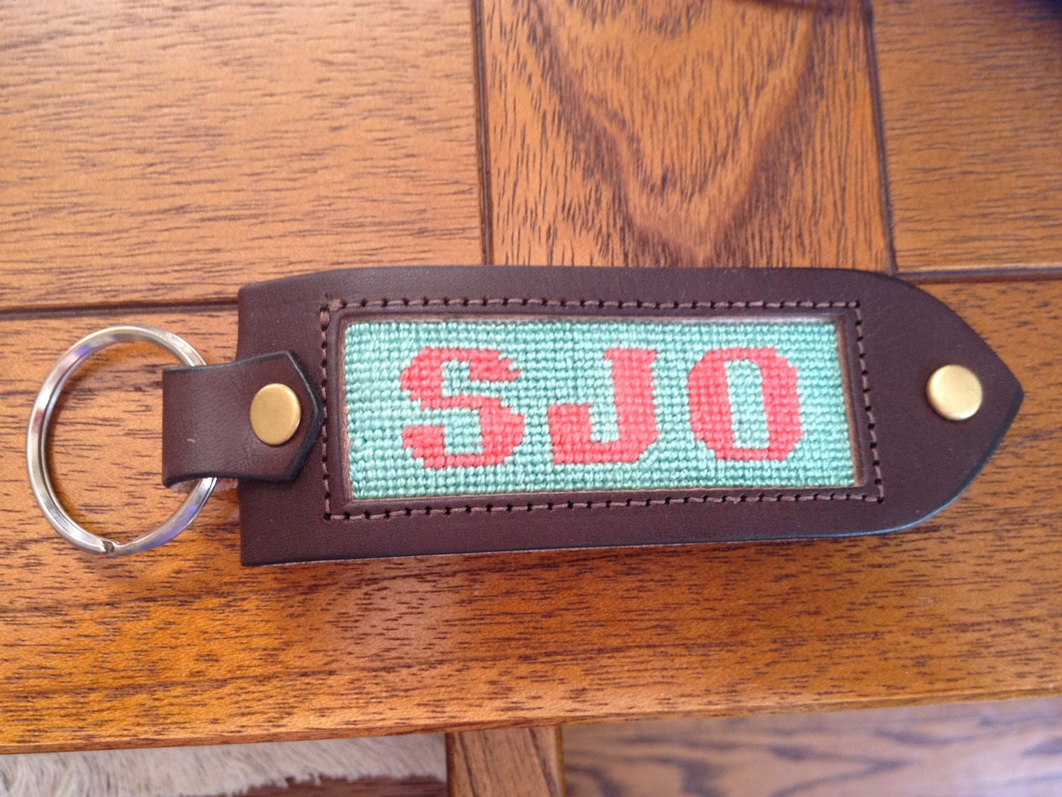 Monogramed Needlepoint Leather Keychain