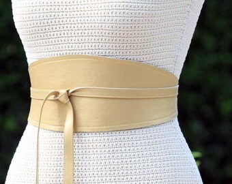 REVERSIBLE Golden Leather and Fabric Obi Wrap Sash Belt - Gold Pearl lambskin - XS S M L XL Plus & Petite Size - choice of fabric pattern