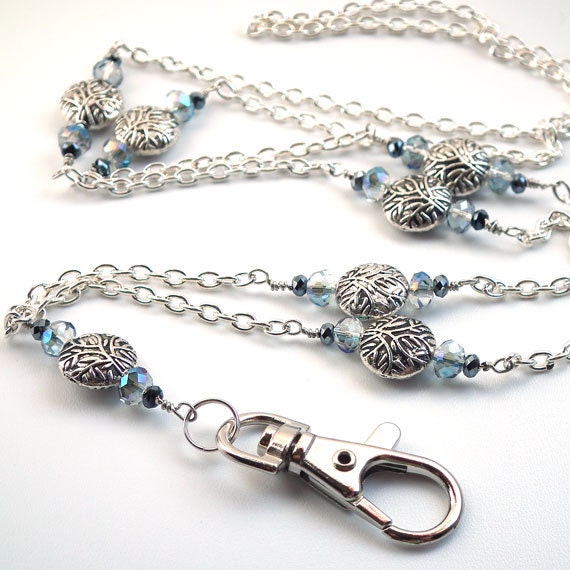 Silver Chain ID Badge Lanyard Silver Round Disc Beads Clear