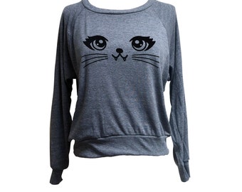 CAT Sweater - Kitty Vampire Face Raglan Sweatshirt - (Available in ...
