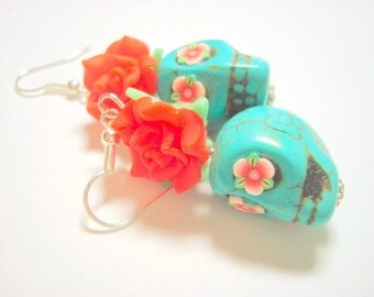 Sugar Skull Earrings Large Red and Turquoise Day of the Dead Roses and Sugar Skulls