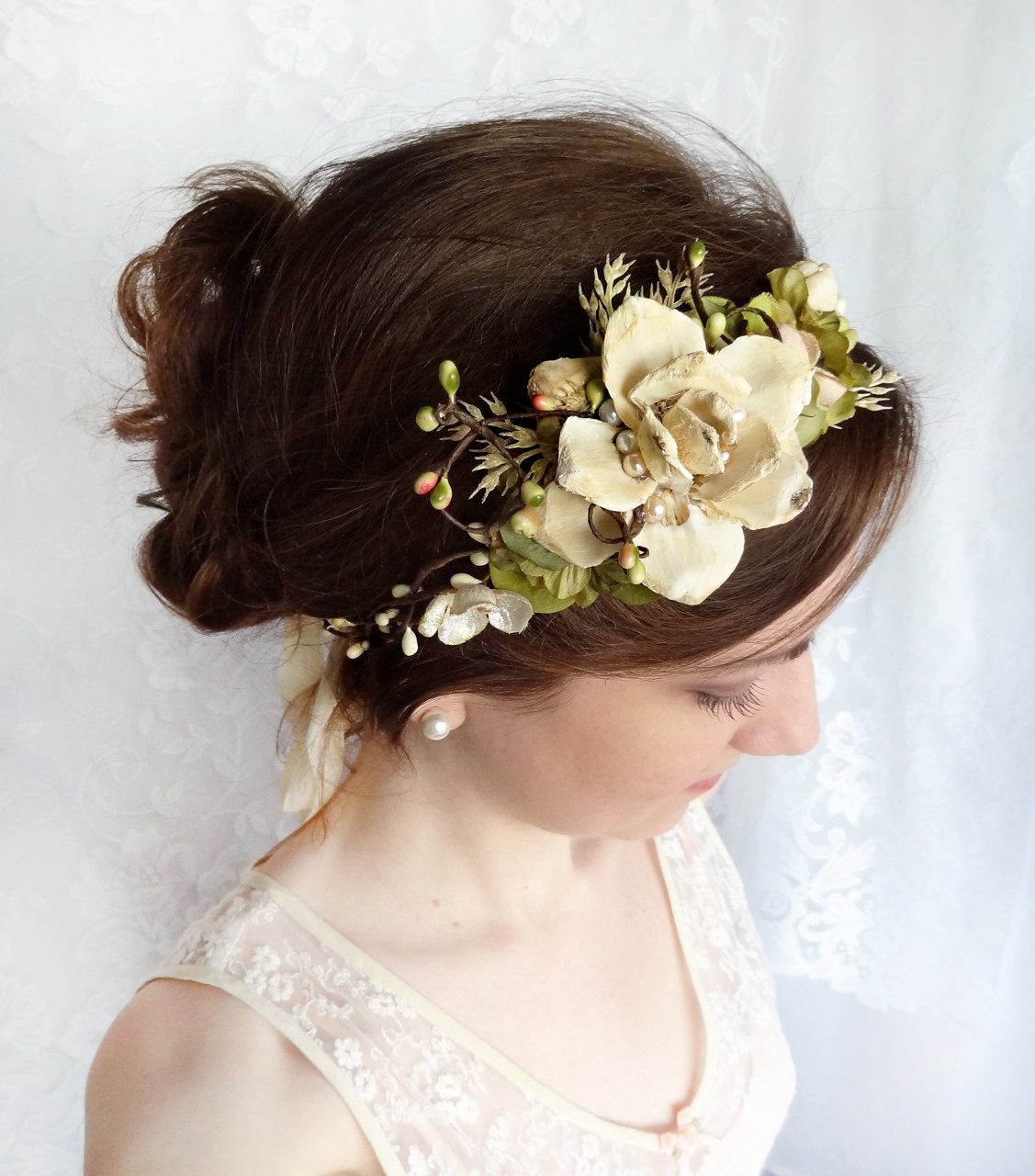 woodland wedding headpiece cream flower champagne wedding